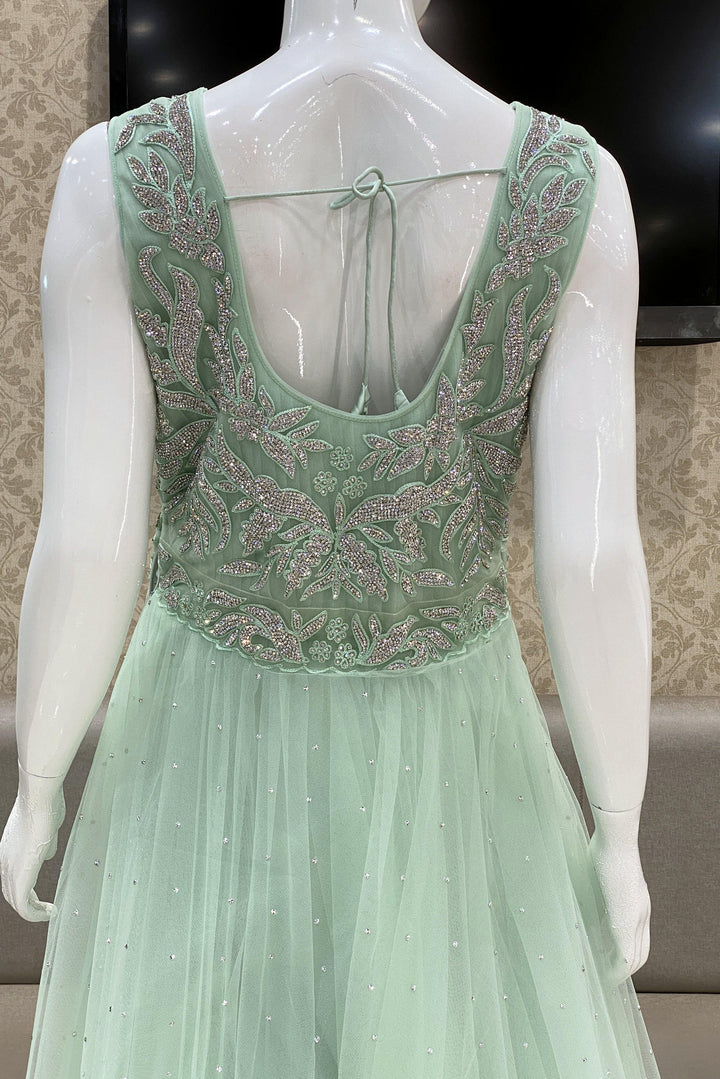 Mint Green Bridal And Partywear Gown Embellished with Stonework 
