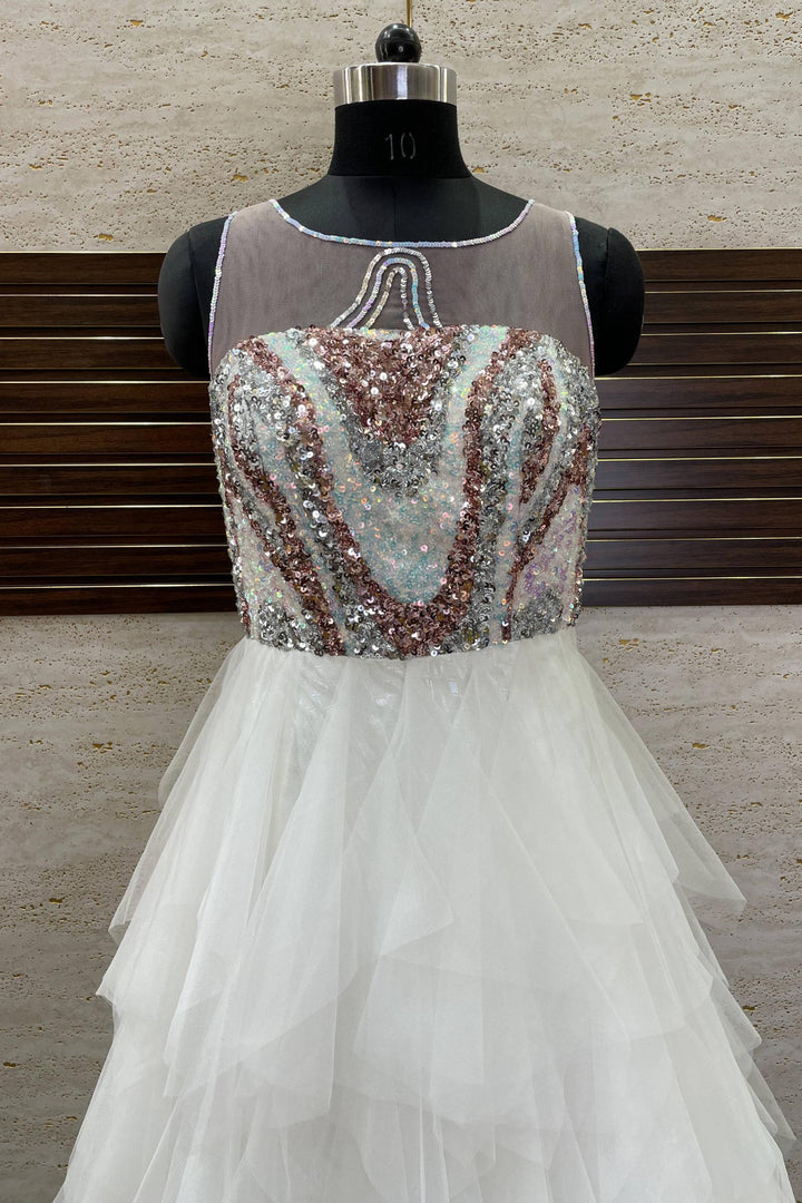 White Sequins work Multi Layered Bridal and Party Gown - Seasons Chennai