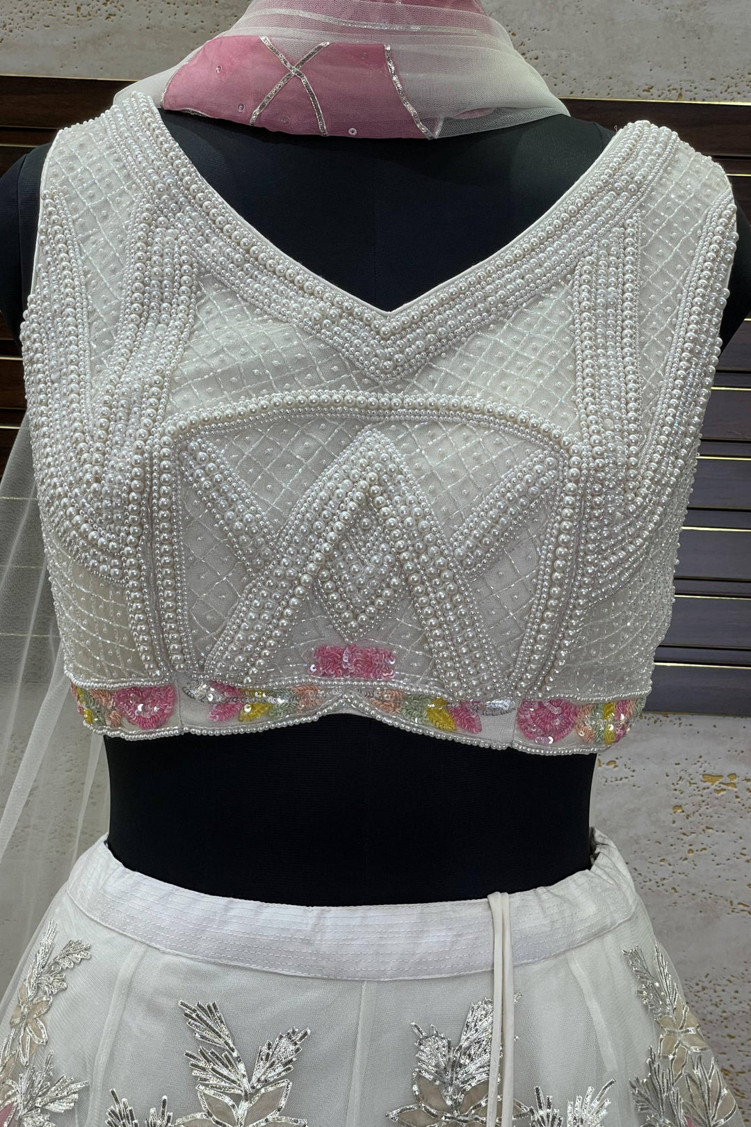 Half White Pearl, Sequins and Silver Lace work Crop Top Lehenga - Seasons Chennai