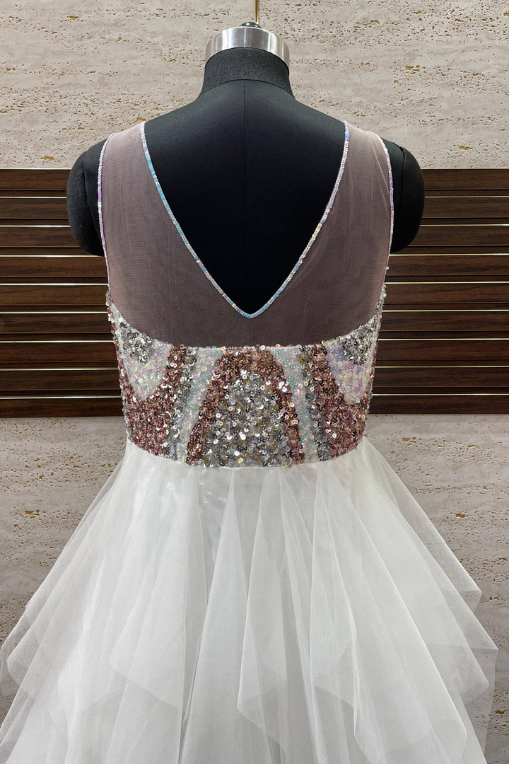 White Sequins work Multi Layered Bridal and Party Gown - Seasons Chennai