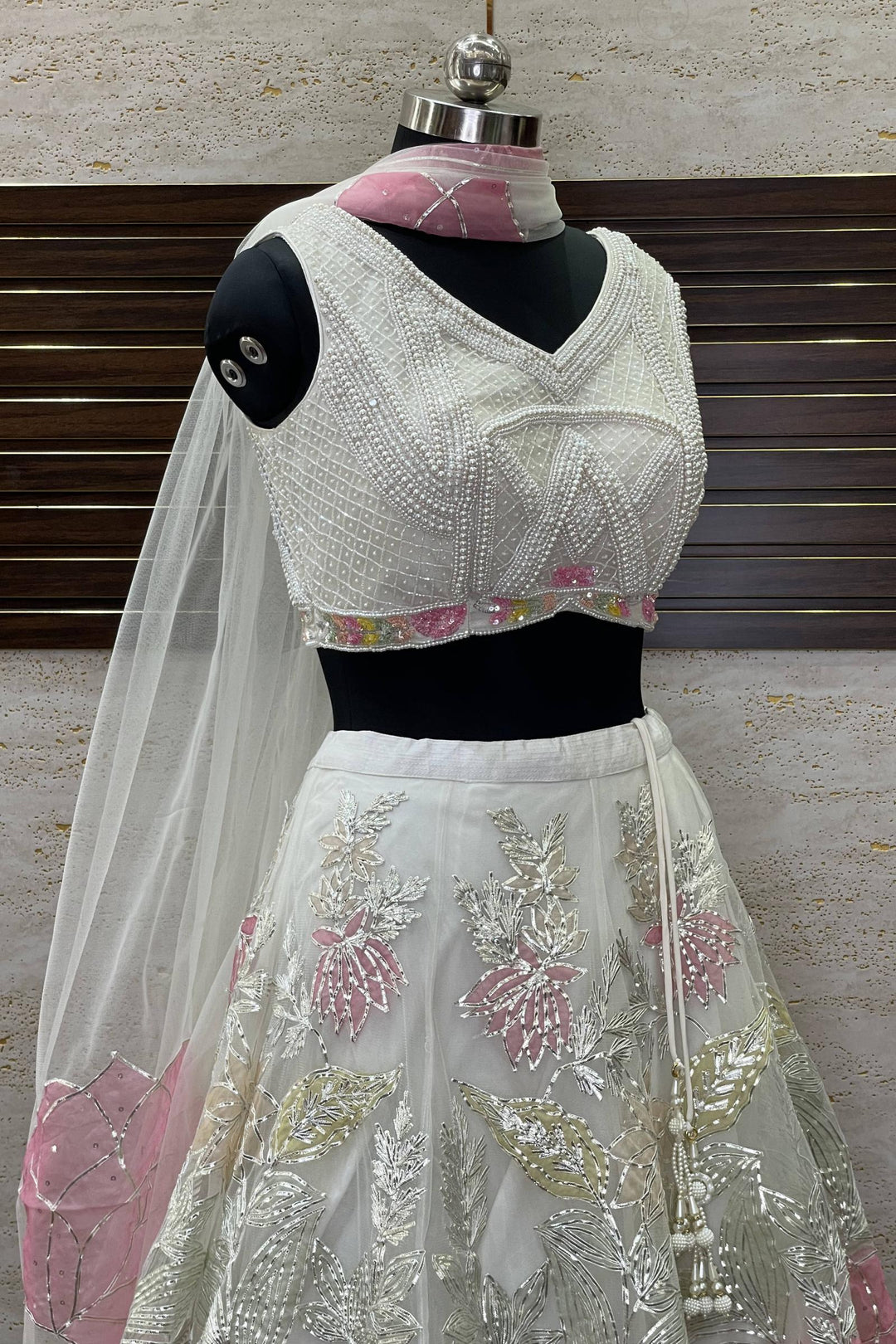 Half White Pearl, Sequins and Silver Lace work Crop Top Lehenga - Seasons Chennai