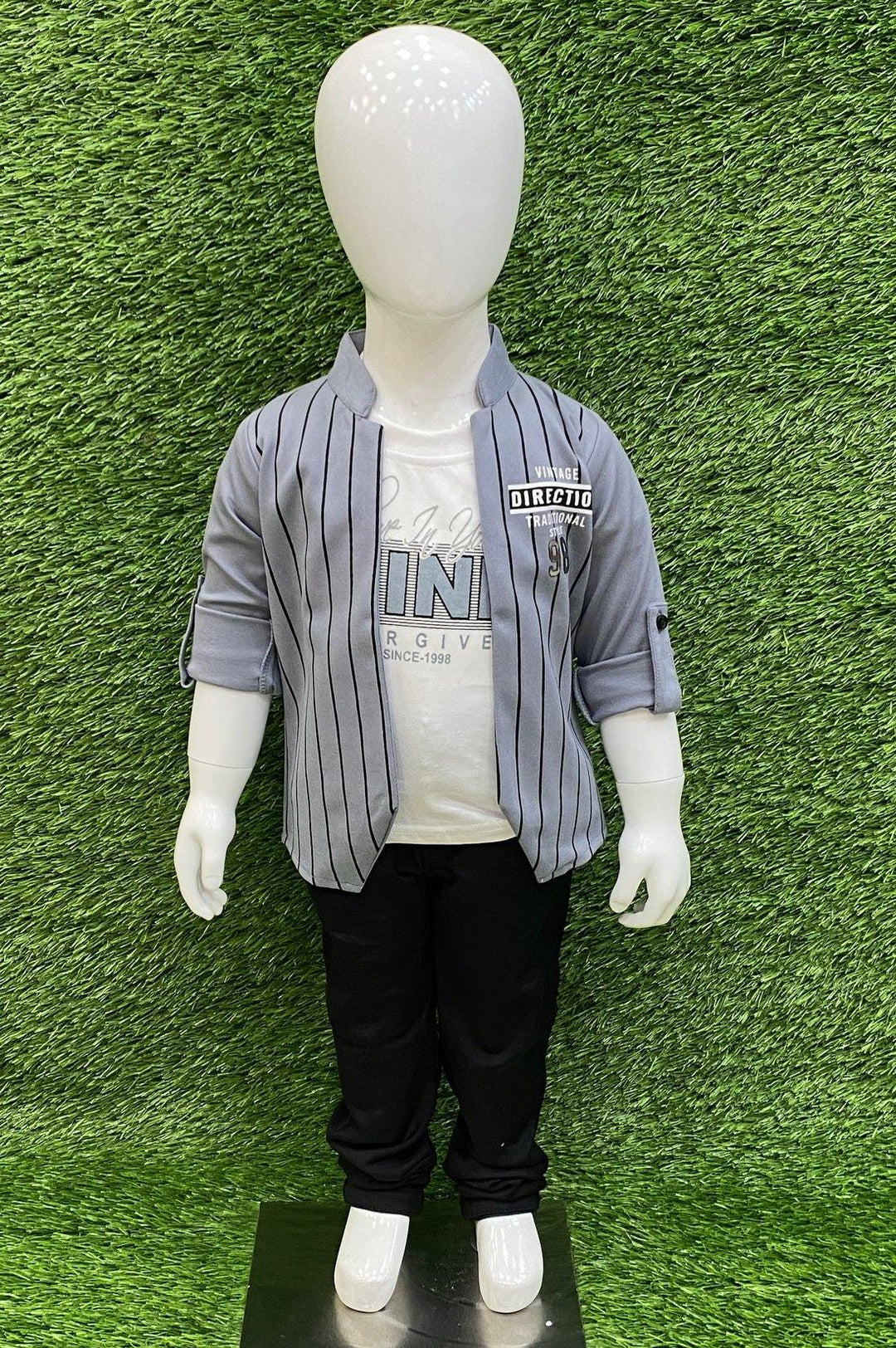 Striped Black and Grey Blazer with White T-Shirt and Black Pant Set for Boys - 1
