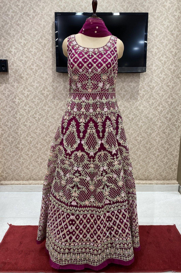 Magenta Stone and Silver Threadwork Bridal Gown - 1