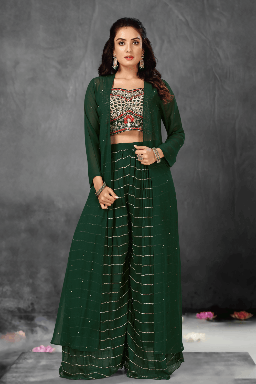 Bottle Green Mirror, Zari Thread and Sequins work with Long Over Coat Crop Top Palazzo Set - Seasons Chennai