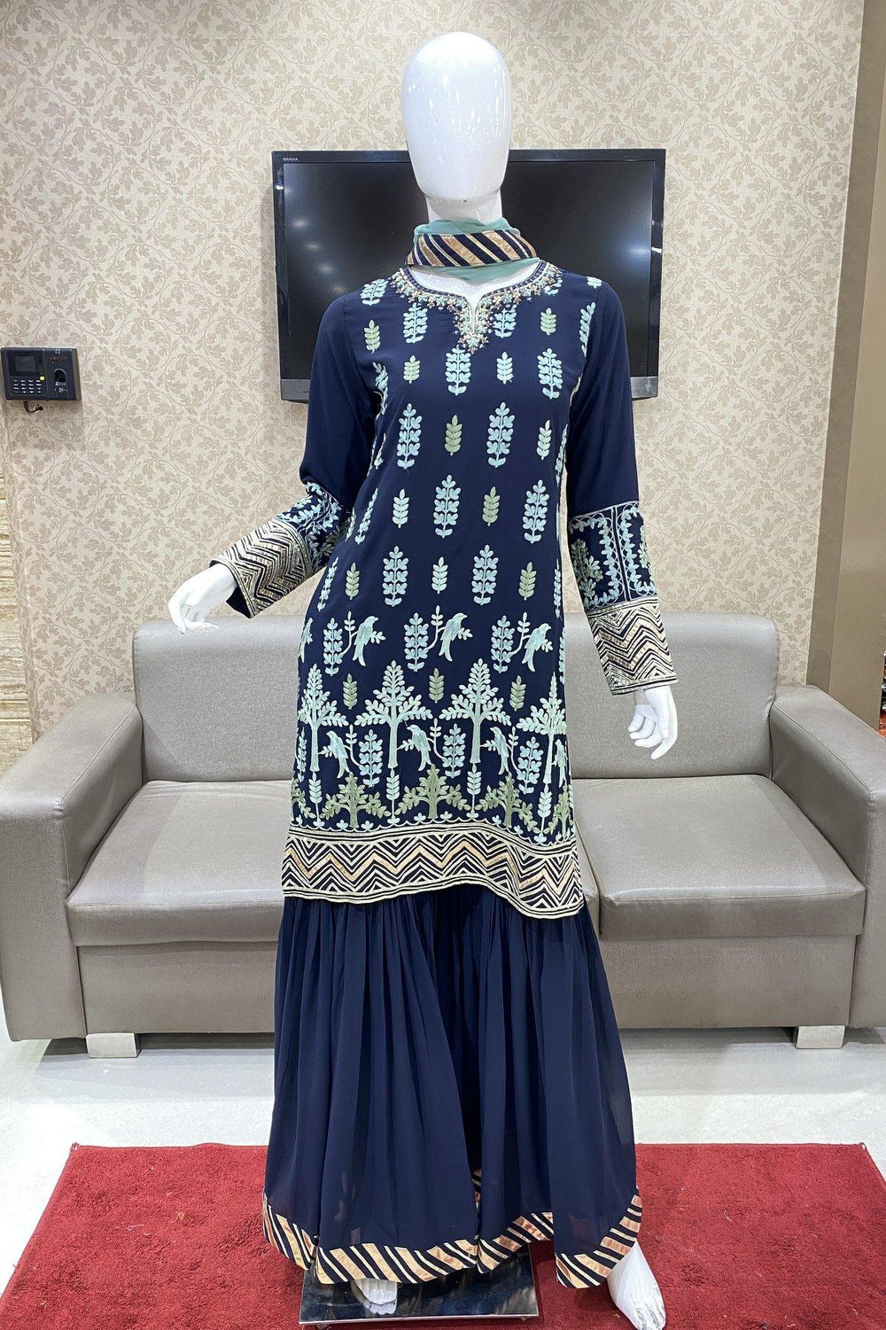 Navy Blue  Lucknowi Chikan work with Pastel Green Dupatta Sharara Suit - SeasonsChennai
