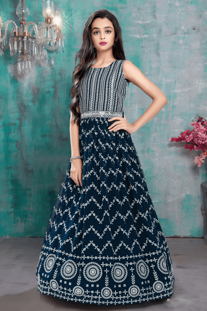 Navy Blue Sequins, White Thread, Stone and Mirror work Long Party Gown for Girls - Seasons Chennai