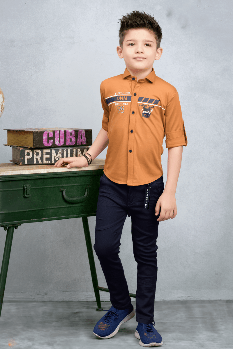 Rust and Navy Blue Casual wear Pant and Shirt Set for Boys - Seasons Chennai