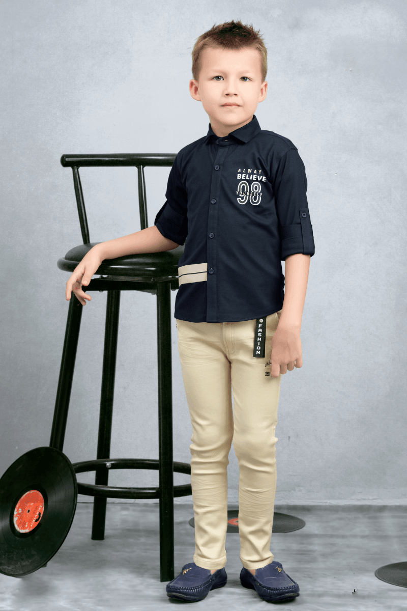 Navy Blue and Cream Casual wear Pant and Shirt Set for Boys - Seasons Chennai