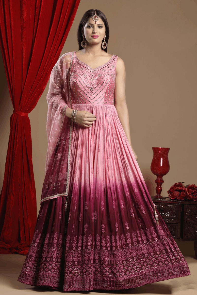 Onion Pink with Magenta Shaded Mirror, Stone and Beads work with Printed Anarkali Gown - Seasons Chennai