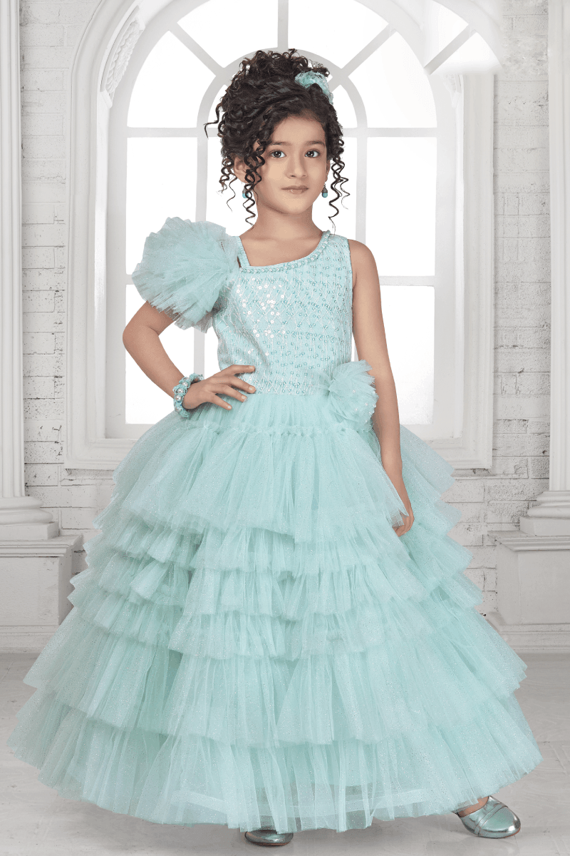 Sea Blue Sequins and Thread work Long Party Frock for Girls - Seasons Chennai