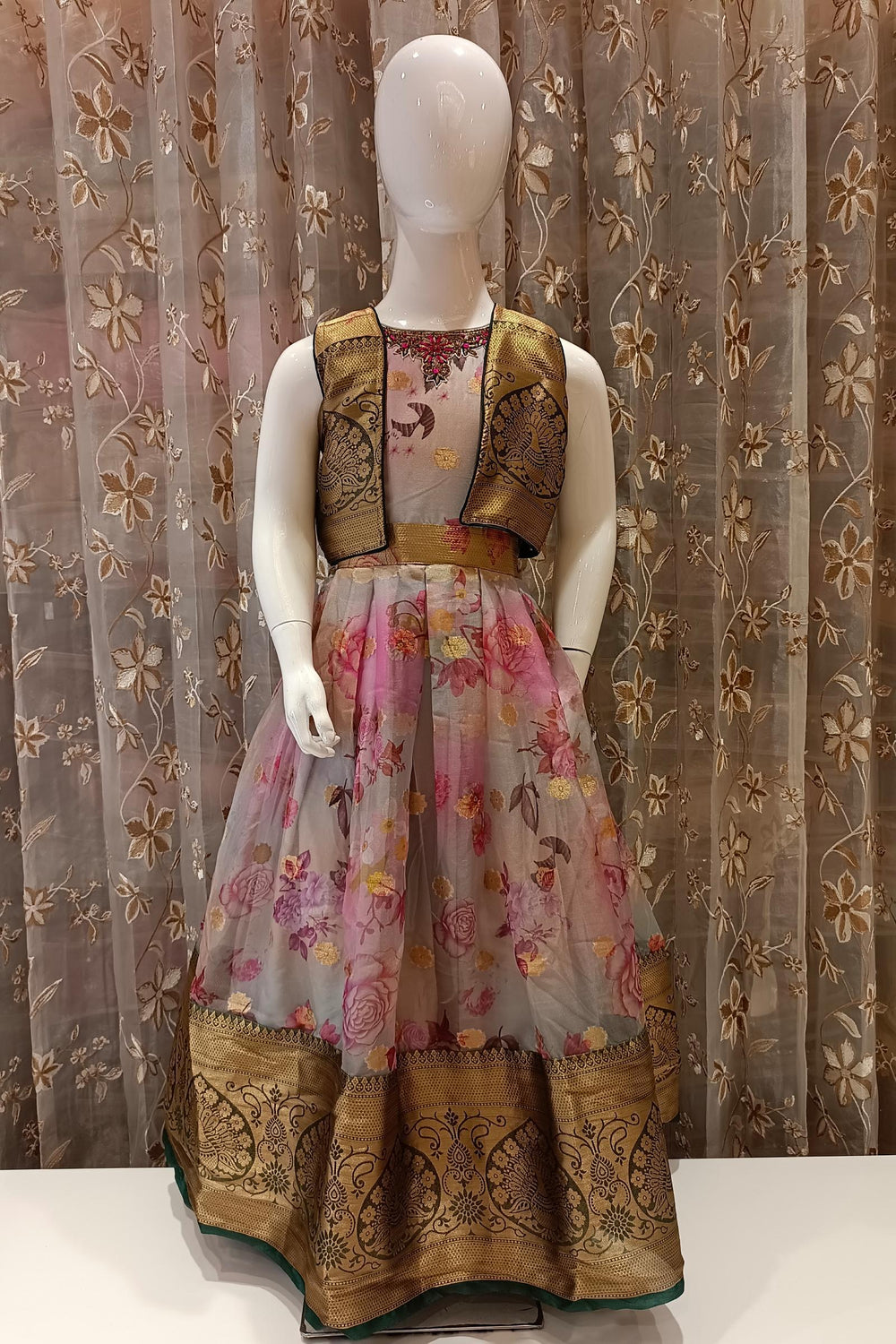 Multicolor Floral Print, Zardozi, Stone and Thread work Banaras Overcoat Long Gown for Girls - Seasons Chennai