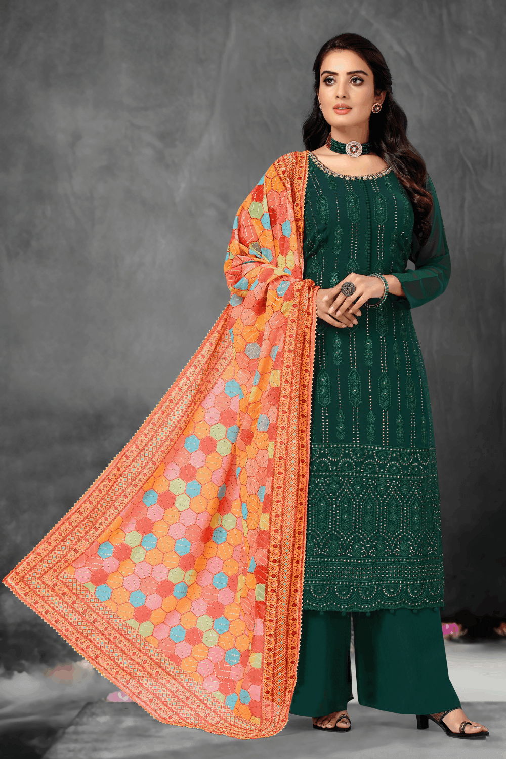 Bottle Green Sequins, Thread, Beads and Stone work Salwar Suit with Palazzo Pants - Seasons Chennai