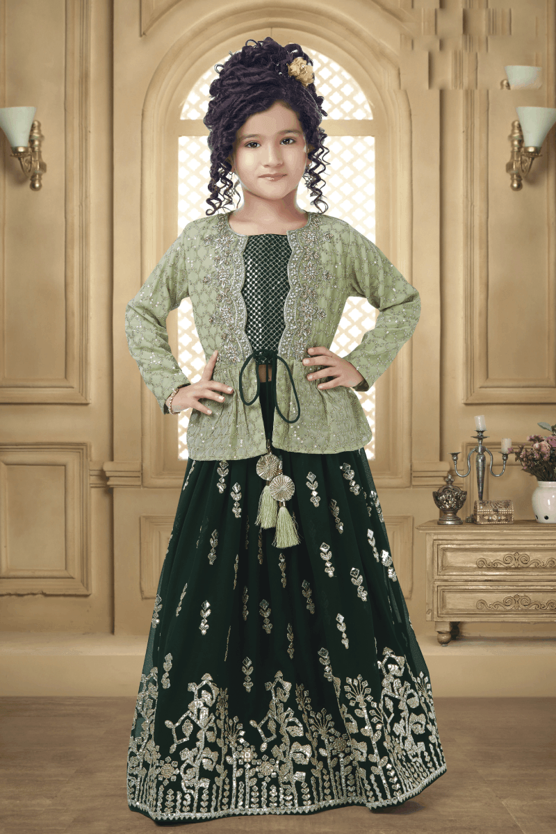 Bottle Green with Pista Green Zari, Sequins and Stone work Overcoat Style Lehenga Choli for Girls - Seasons Chennai
