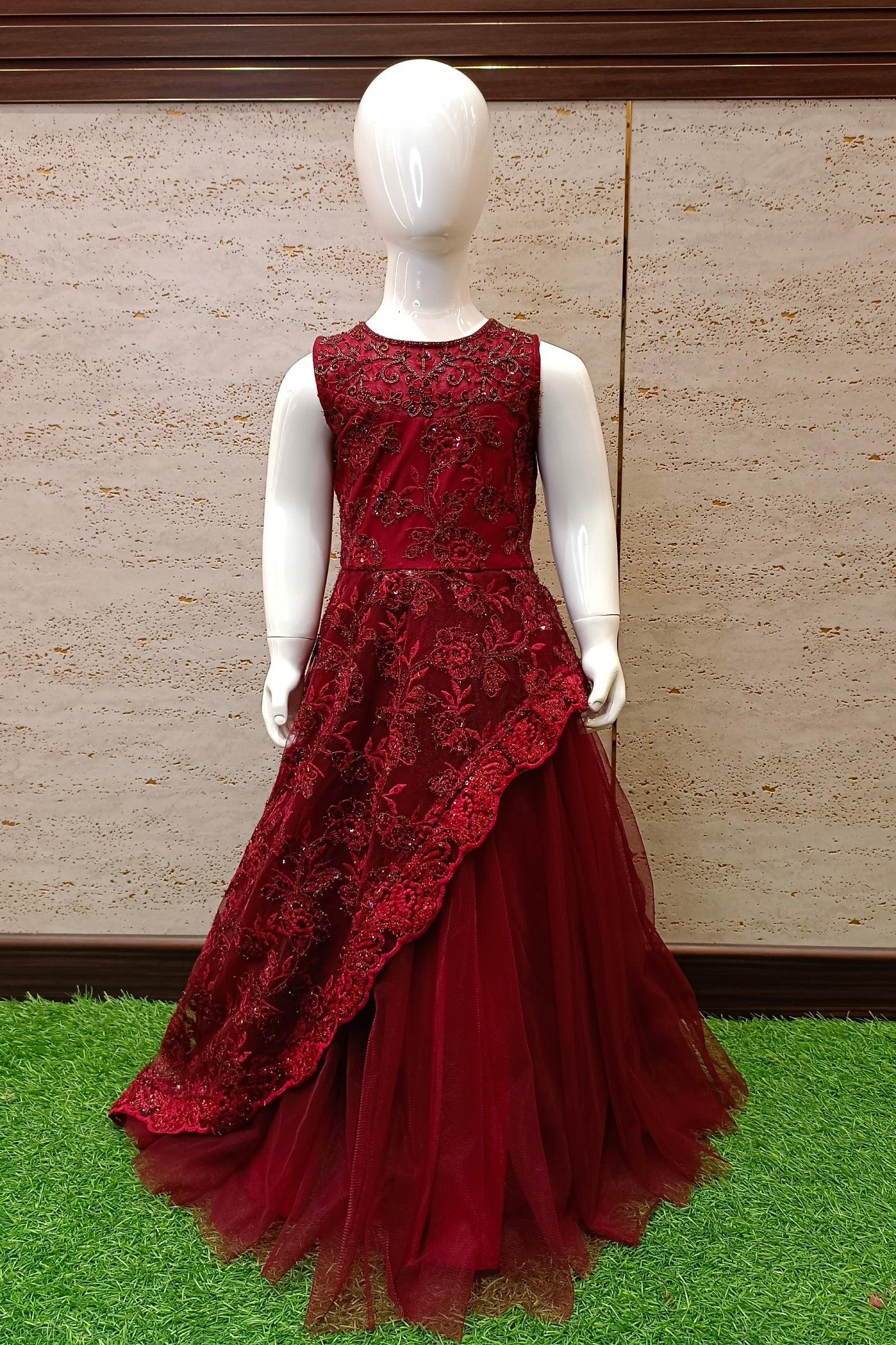 Maroon Color Party Wear Georgette Gown With GPO Lace and Dupatta Ready to Wear  Gown in USA, UK, Malaysia, South Africa, Dubai, Singapore
