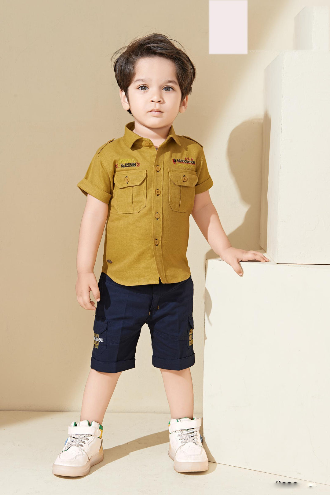 Mustard and Navy Blue Casual wear Knee Length Pant and Shirt Set for Boys - 1