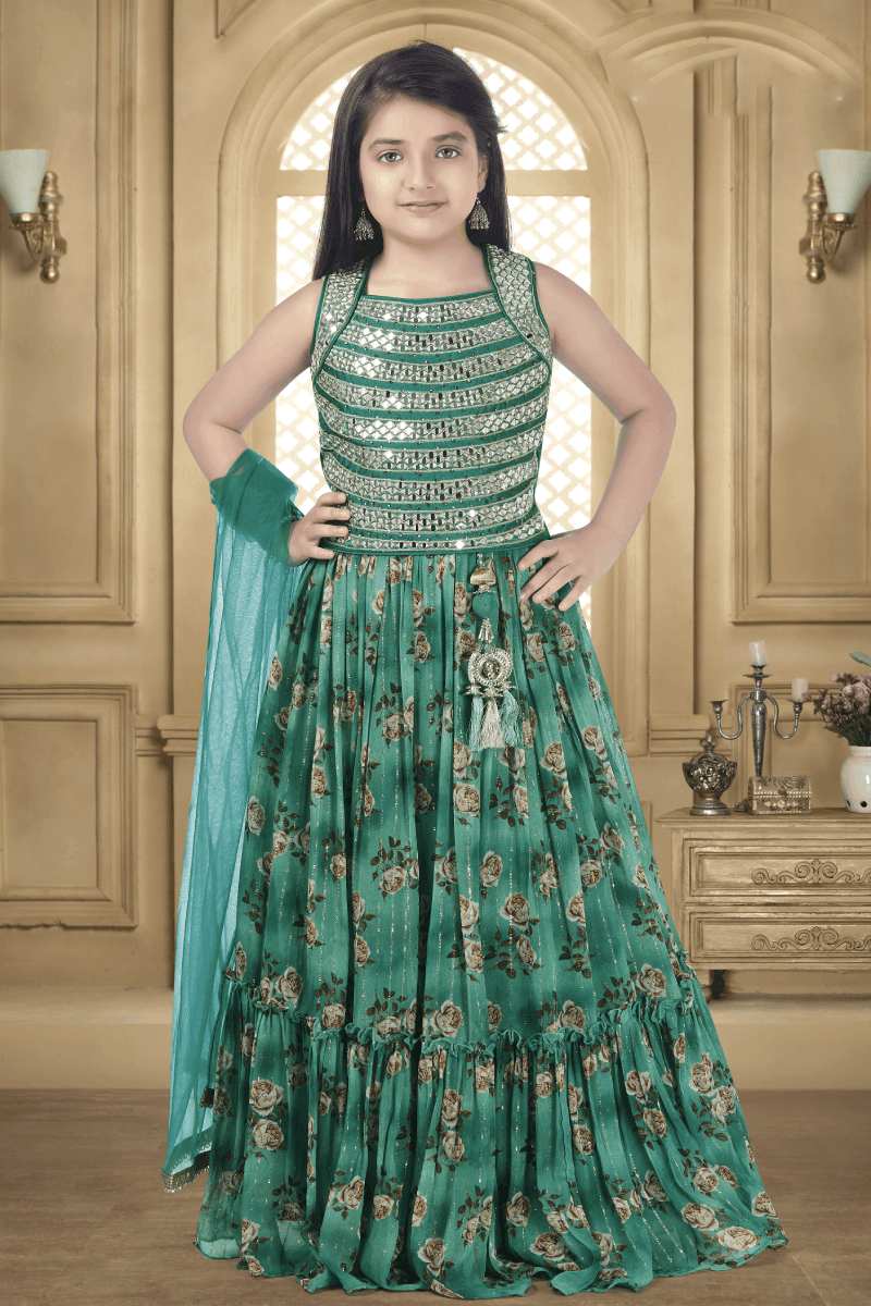 Green Mirror and Zari work with Floral Print Lehenga Choli for Girls - Seasons Chennai