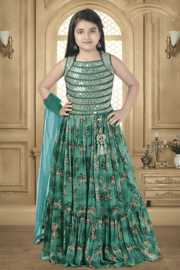 Green Mirror and Zari work with Floral Print Lehenga Choli for Girls - Seasons Chennai