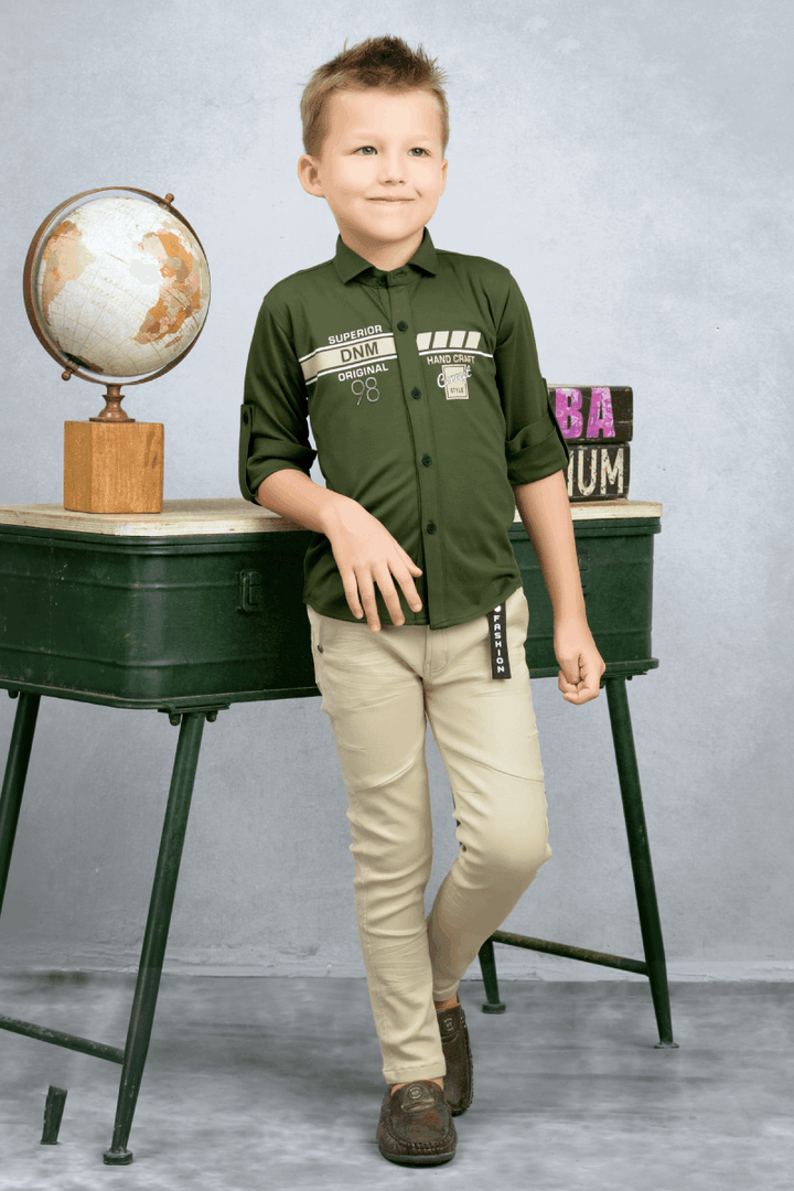 Bottle Green and Cream Casual wear Pant and Shirt Set for Boys - Seasons Chennai