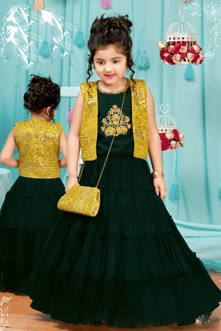 Bottle Green with Yellow Sequins and Thread work Overcoat Style Lehenga Choli for Girls - Seasons Chennai