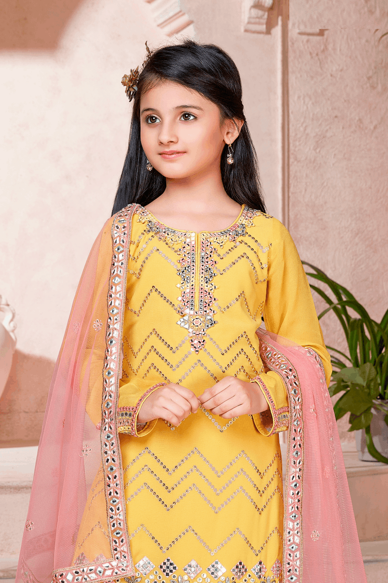Yellow Sequins, Mirror and Multicolor Thread work Palazzo Set For Girls - Seasons Chennai