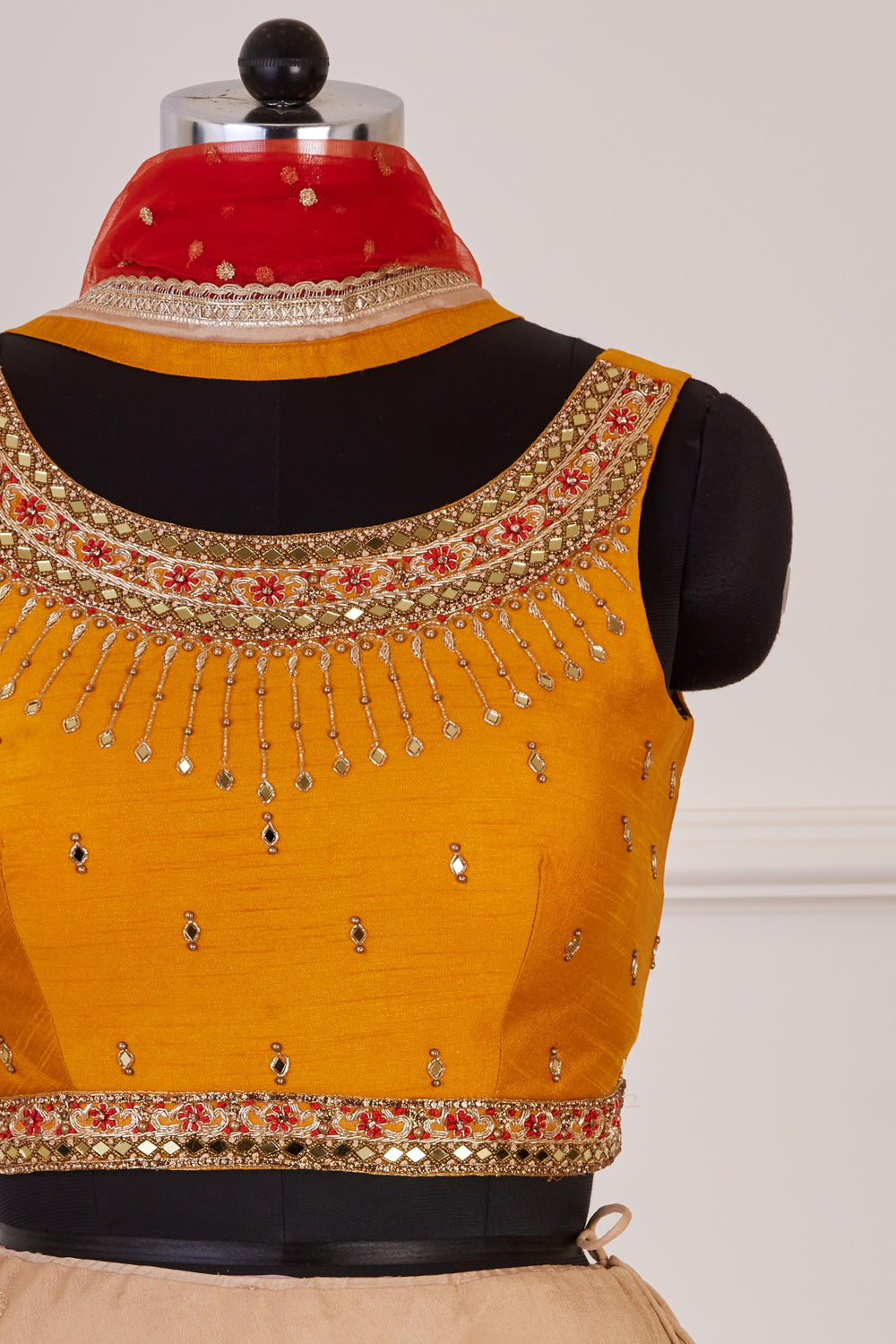 Yellow with Beige Stone, Mirror, Beads and Kundan work Crop Top Lehenga - Seasons Chennai