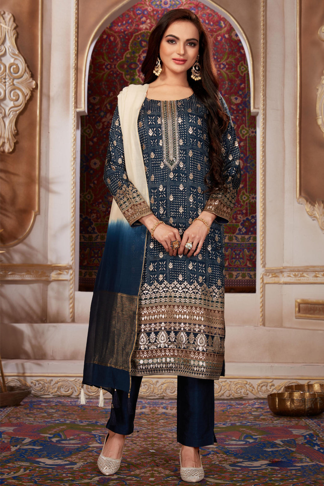 Navy Blue Digital Print, Thread, Beads, Zardozi and Zari work Straight Cut Salwar Suit - Seasons Chennai