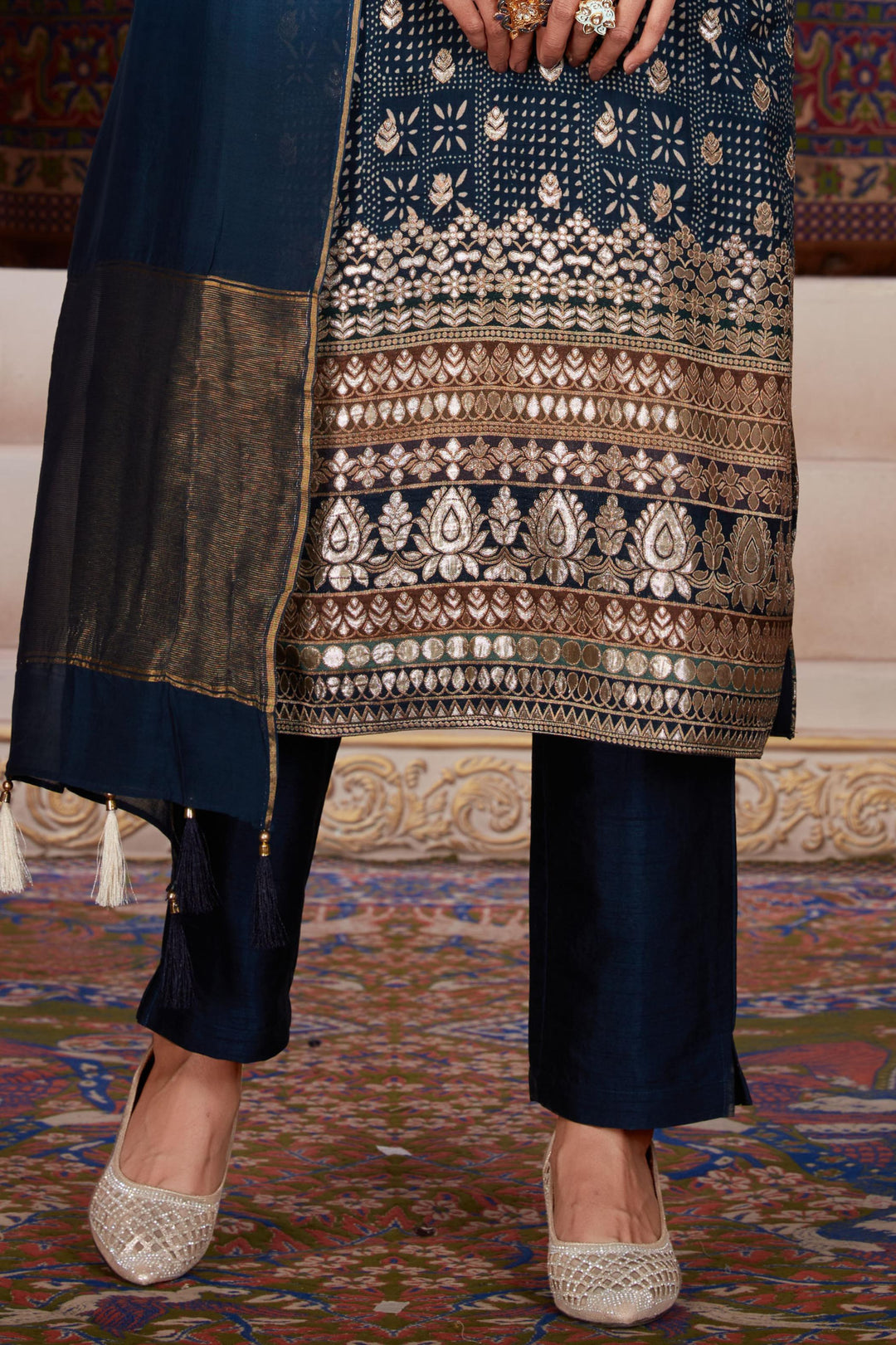 Navy Blue Digital Print, Thread, Beads, Zardozi and Zari work Straight Cut Salwar Suit - Seasons Chennai