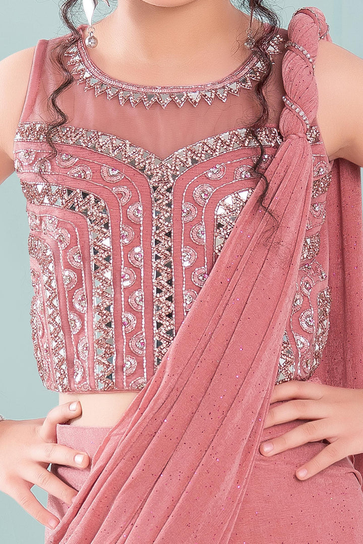 Peach Stone, Sequins, Beads and Mirror work Saree Styled Lehenga for Girls - SeasonsChennai
