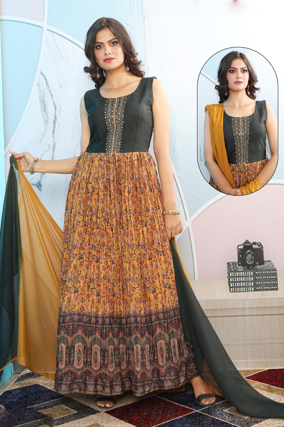 Dark Green with Mustard Yellow Stone and Pearl work with Digital Print Floor Length Anarkali Suit - Seasons Chennai