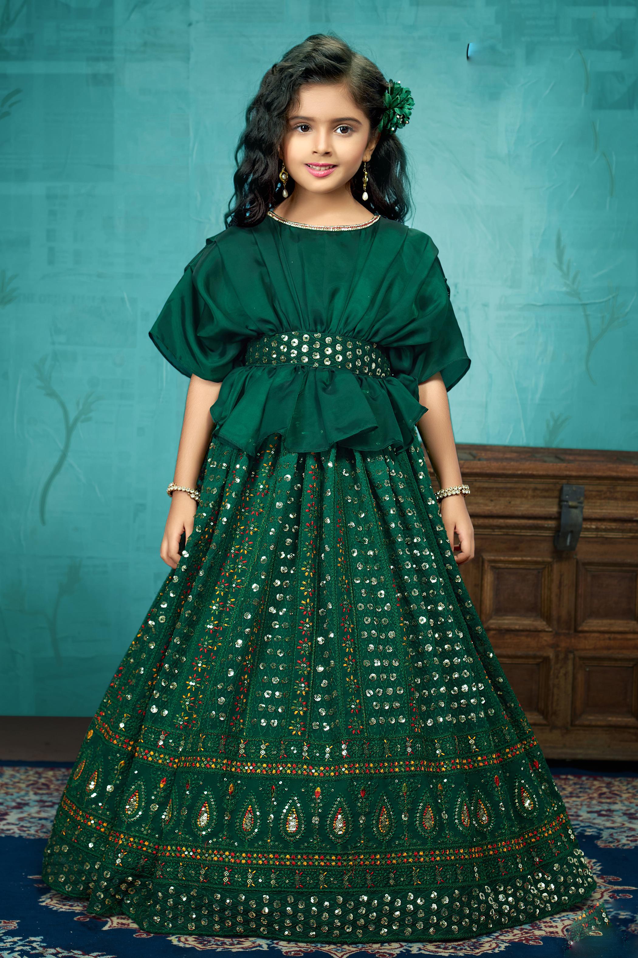 Bright Green Gown in Georgette fabric with Resham, Sequence, Zari and Dabka  Work | Kishori