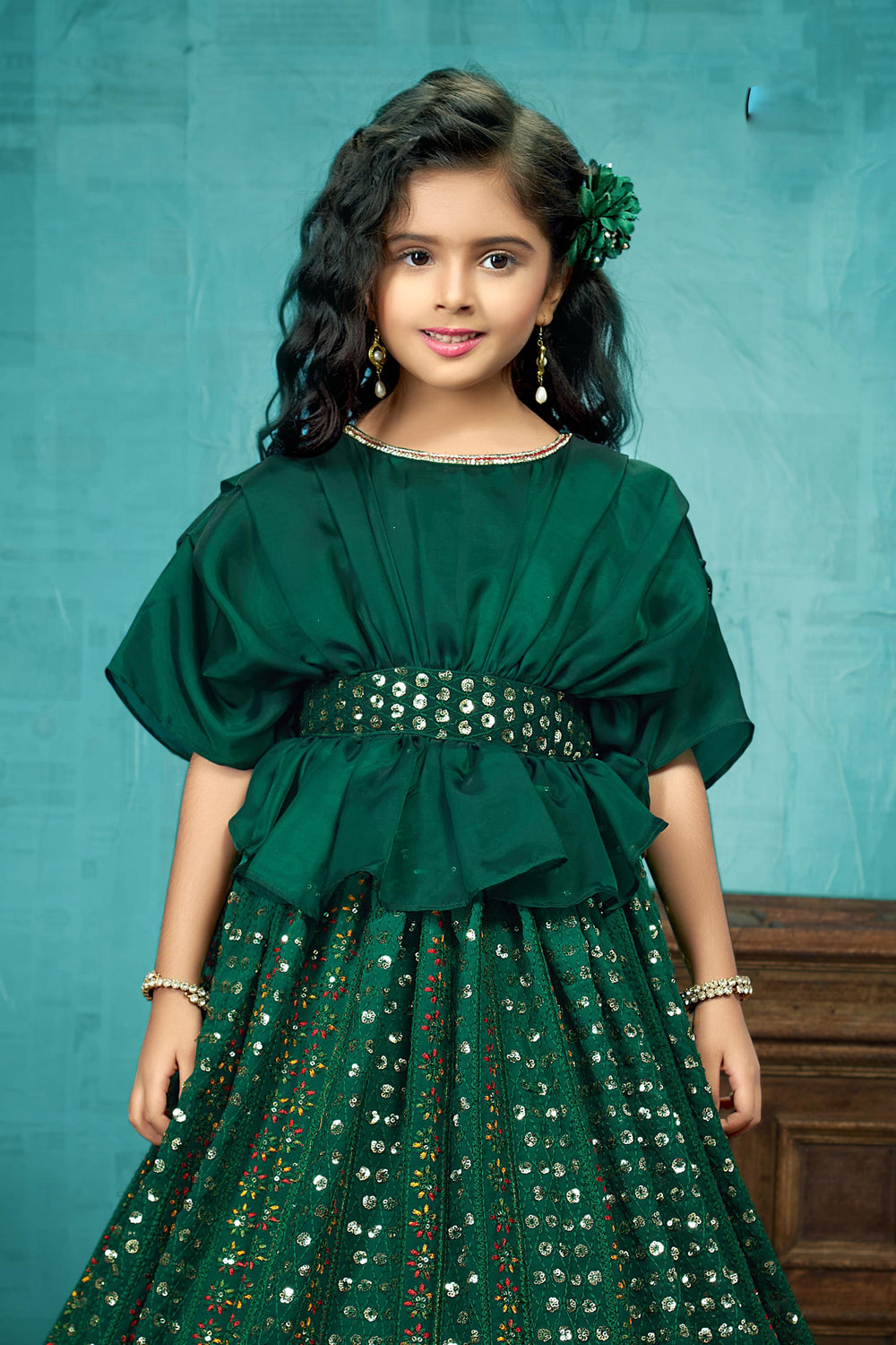 Green Thread, Stone and Sequins work Poncho Style Floor Length Gown for Girls - Seasons Chennai