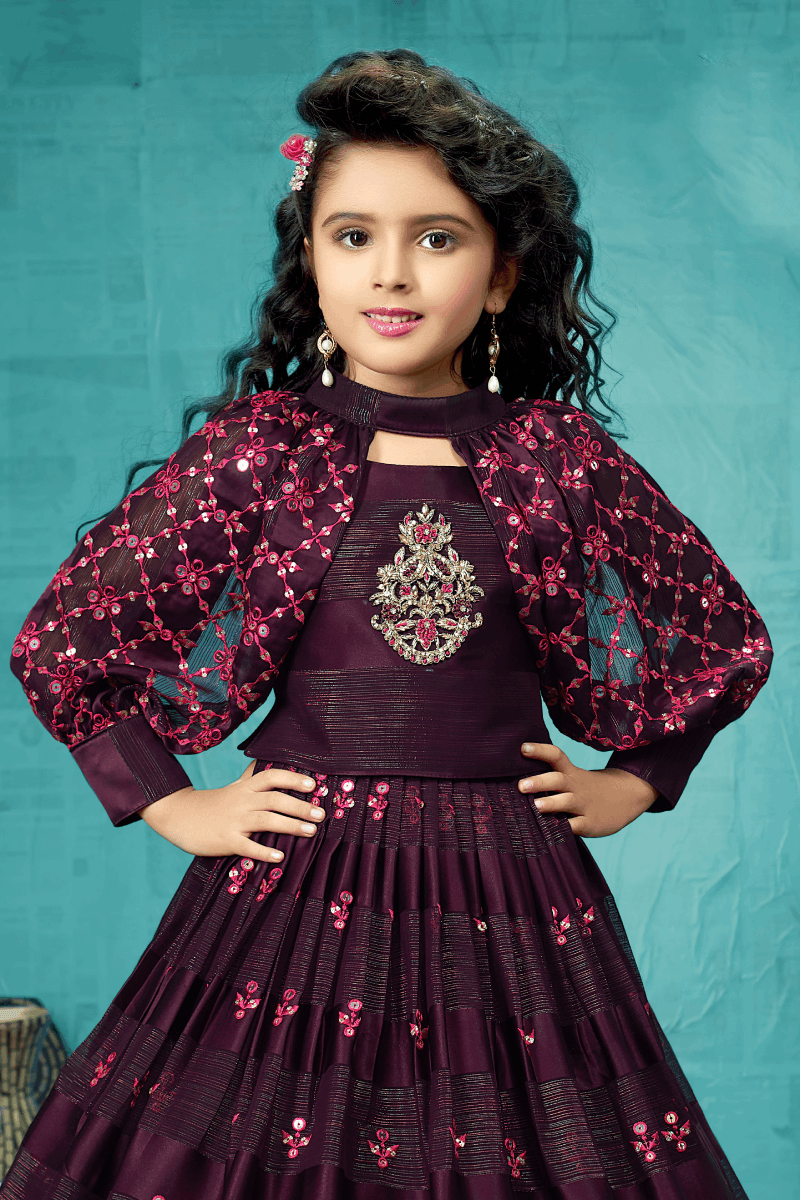 Wine Sequins Thread and Zari Weaving work Cape Pattern Lehenga Choli for Girls