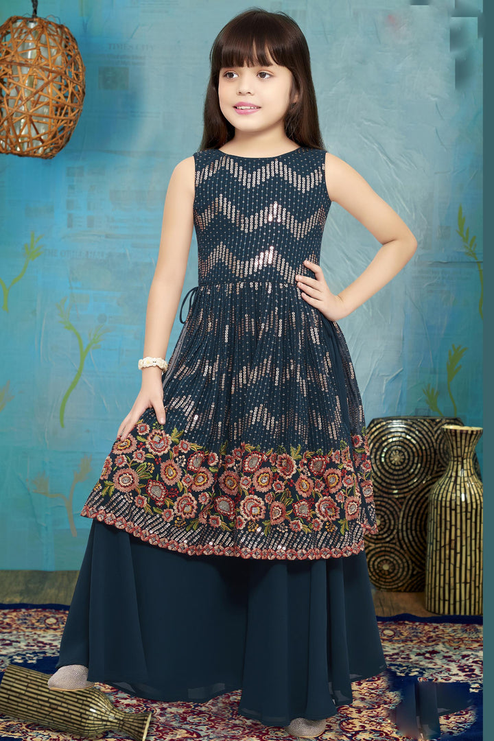 Peacock Blue Sequins and Thread Weaving work for Girls Palazzo Suit Set - Seasons Chennai