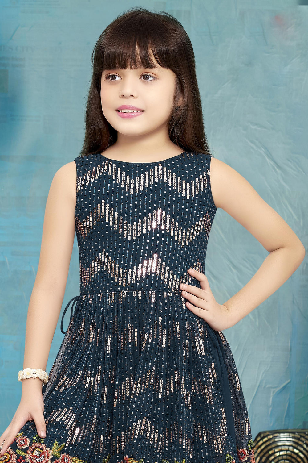 Peacock Blue Sequins and Thread Weaving work for Girls Palazzo Suit Set - Seasons Chennai