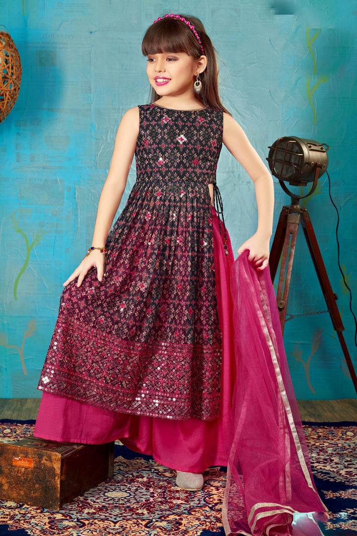 Navy Blue with Pink Printed, Sequins Zari and Thread Weaving work Palazzo Set for Girls - Seasons Chennai