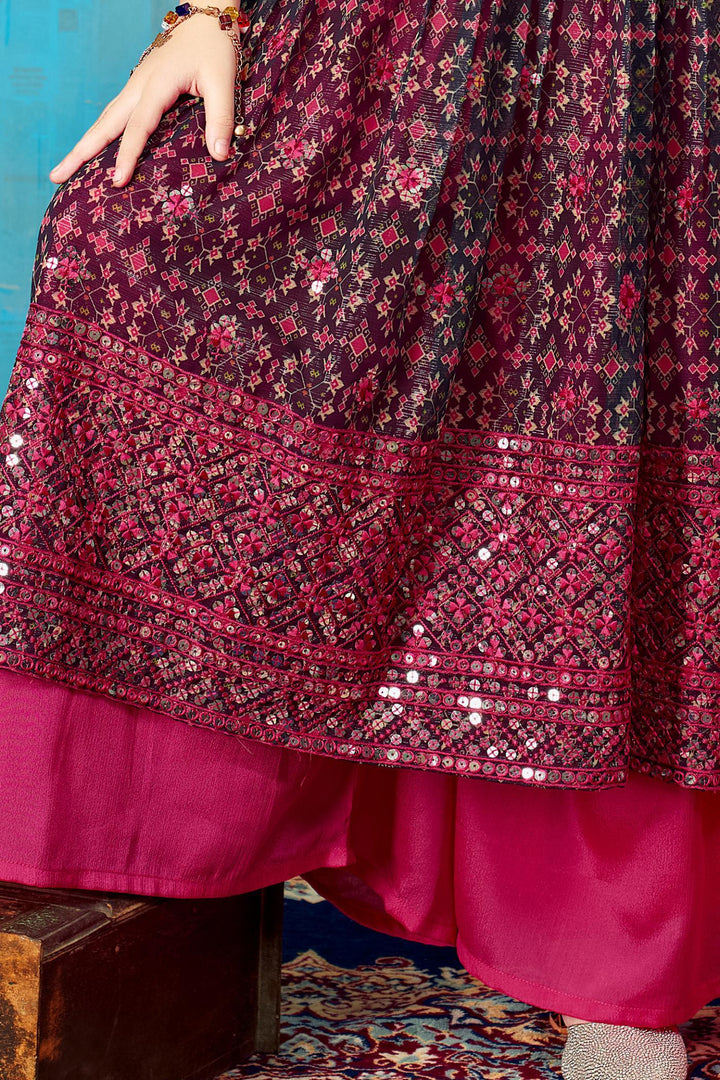 Navy Blue with Pink Printed, Sequins Zari and Thread Weaving work Palazzo Set for Girls - Seasons Chennai