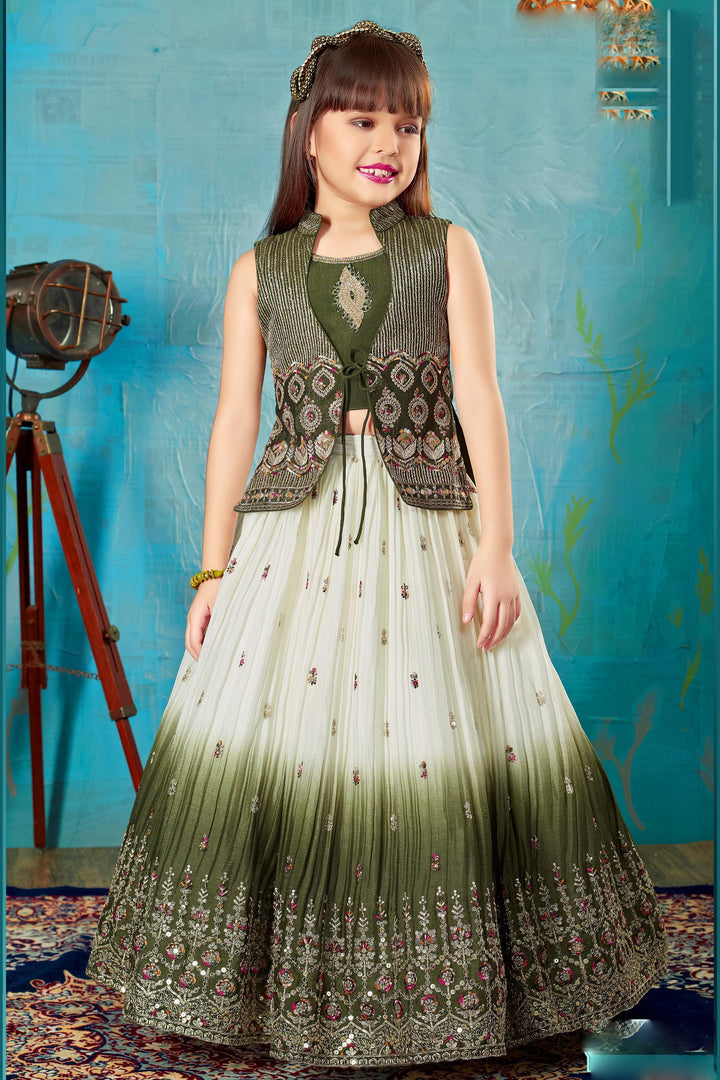 Green with Cream Zari and Sequins work Attached Overcoat Lehenga Choli for Girls - Seasons Chennai