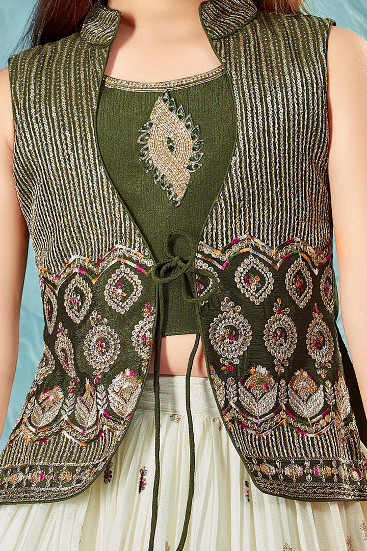 Green with Cream Zari and Sequins work Attached Overcoat Lehenga Choli for Girls - Seasons Chennai