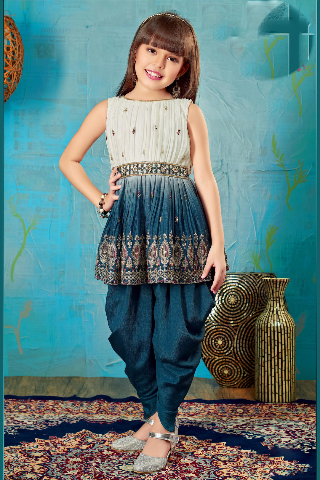 Cream with Blue Sequins, Stone, Thread and Zari work Dhoti Style Peplum Kurti for Girls - Seasons Chennai