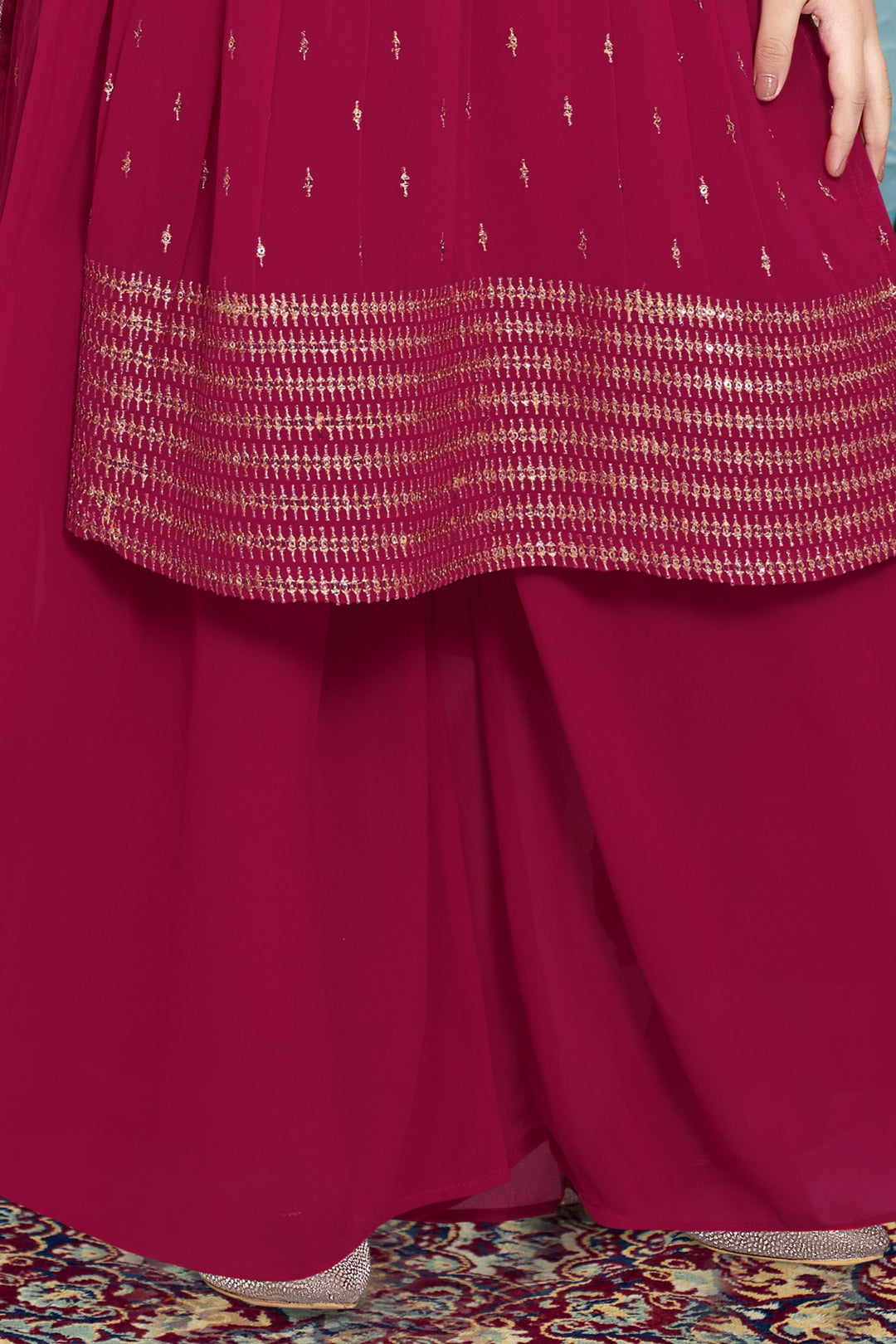 Rani Pink Mirror, Zari, Zardozi, Beads, Sequins and Thread work for Palazzo Suit Set Girls - Seasons Chennai
