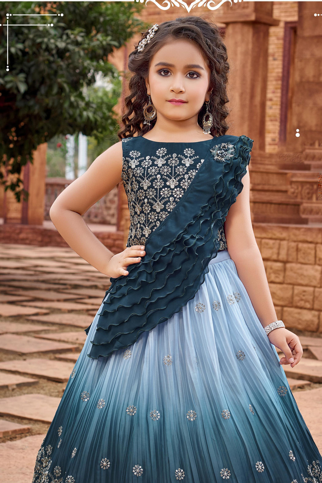 Peacock Blue with Light Blue Shaded Silver Zari and Sequins work Lehenga Choli for Girls - Seasons Chennai