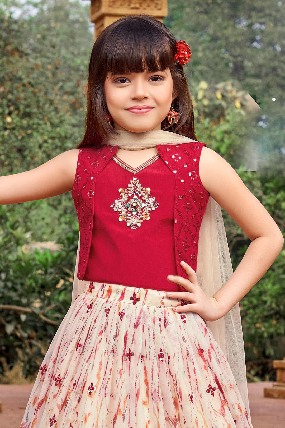 Maroon with Cream Sequins, Thread, Beads and Mirror work Lehenga Choli for Girls - Seasons Chennai
