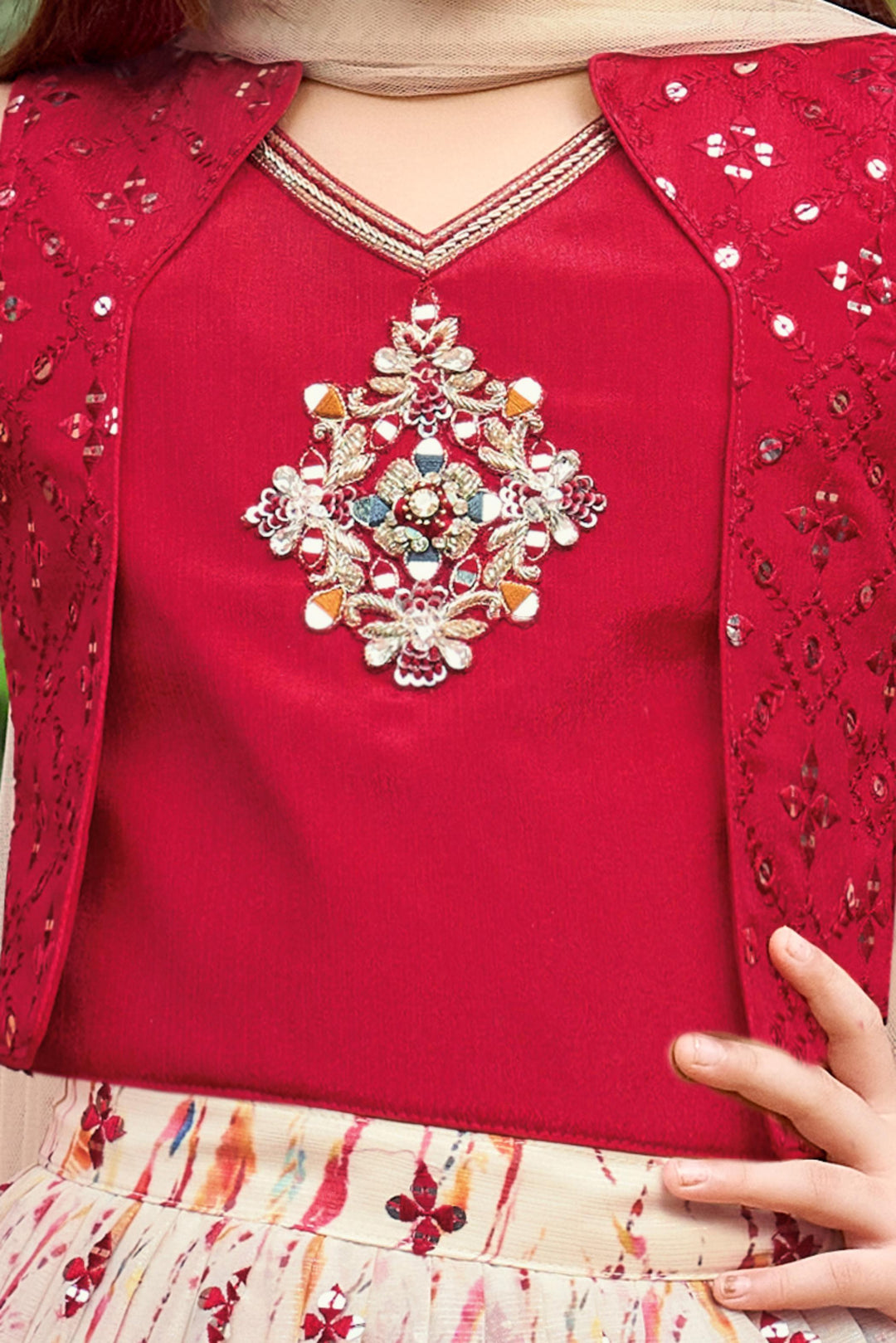 Maroon with Cream Sequins, Thread, Beads and Mirror work Lehenga Choli for Girls - Seasons Chennai
