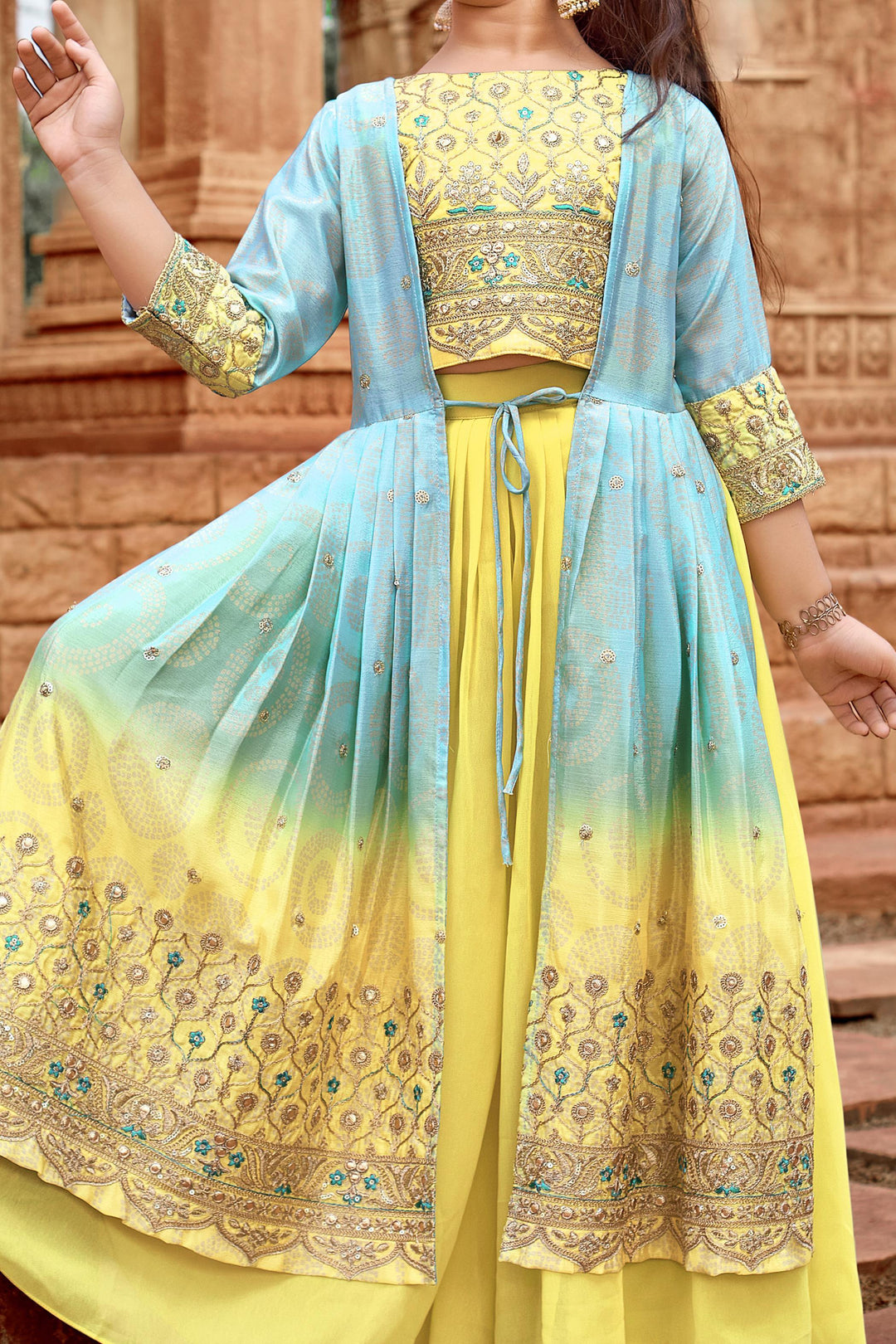 Yellow Bandini Print, Zari and Sequins work with Blue Shaded Overcoat Styled Palazzo Set For Girls - Seasons Chennai