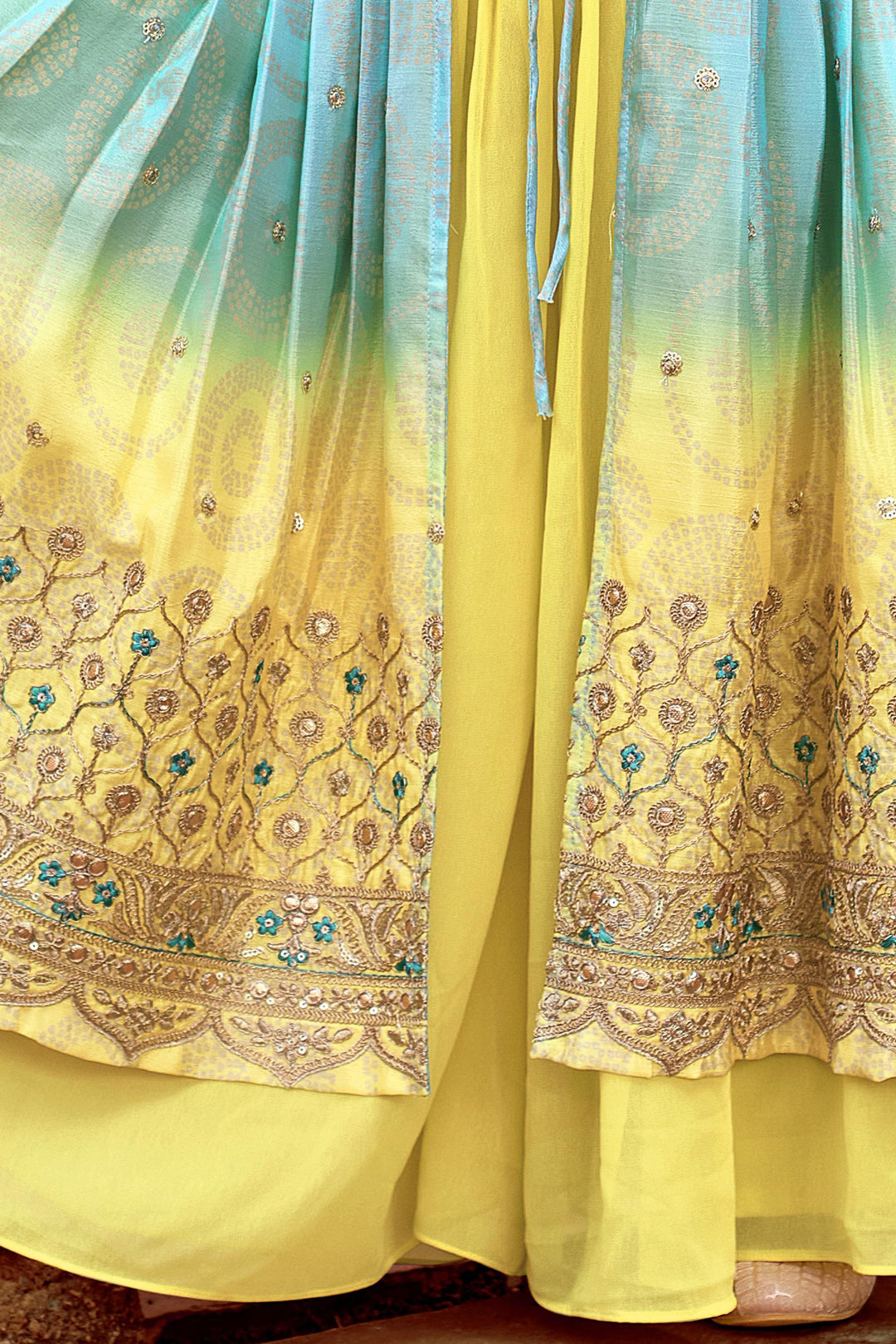 Yellow Bandini Print, Zari and Sequins work with Blue Shaded Overcoat Styled Palazzo Set For Girls - Seasons Chennai