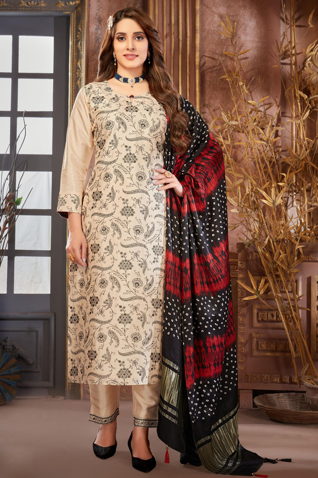 Cream Thread and Sequins work Straight Cut Salwar Suit with Bandini Print Dupatta - Seasons Chennai