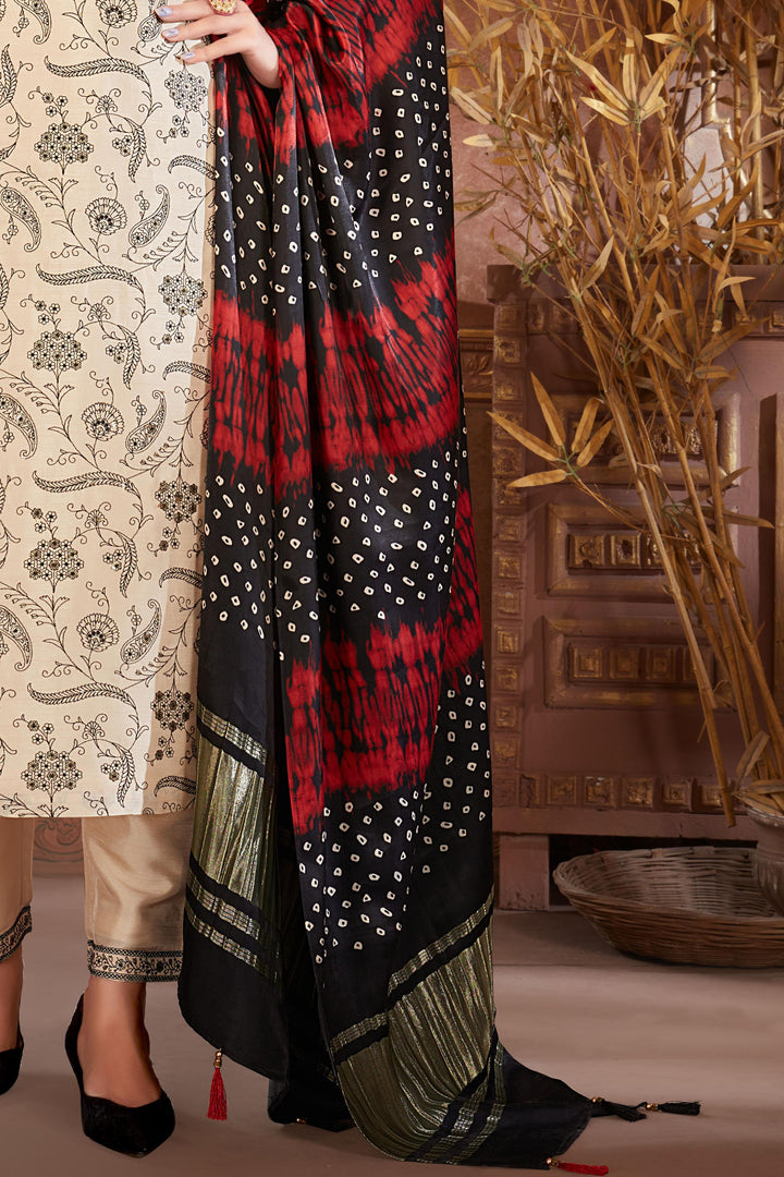 Cream Thread and Sequins work Straight Cut Salwar Suit with Bandini Print Dupatta - Seasons Chennai