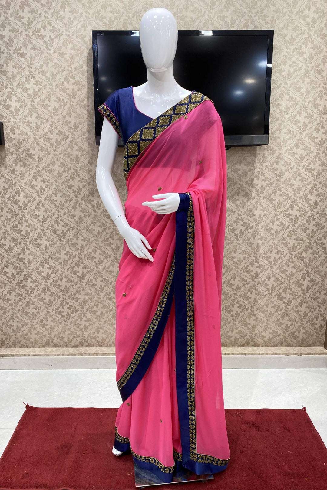 Pink with Navy Blue Stone work Georgette Saree with Readymade Blouse - 1