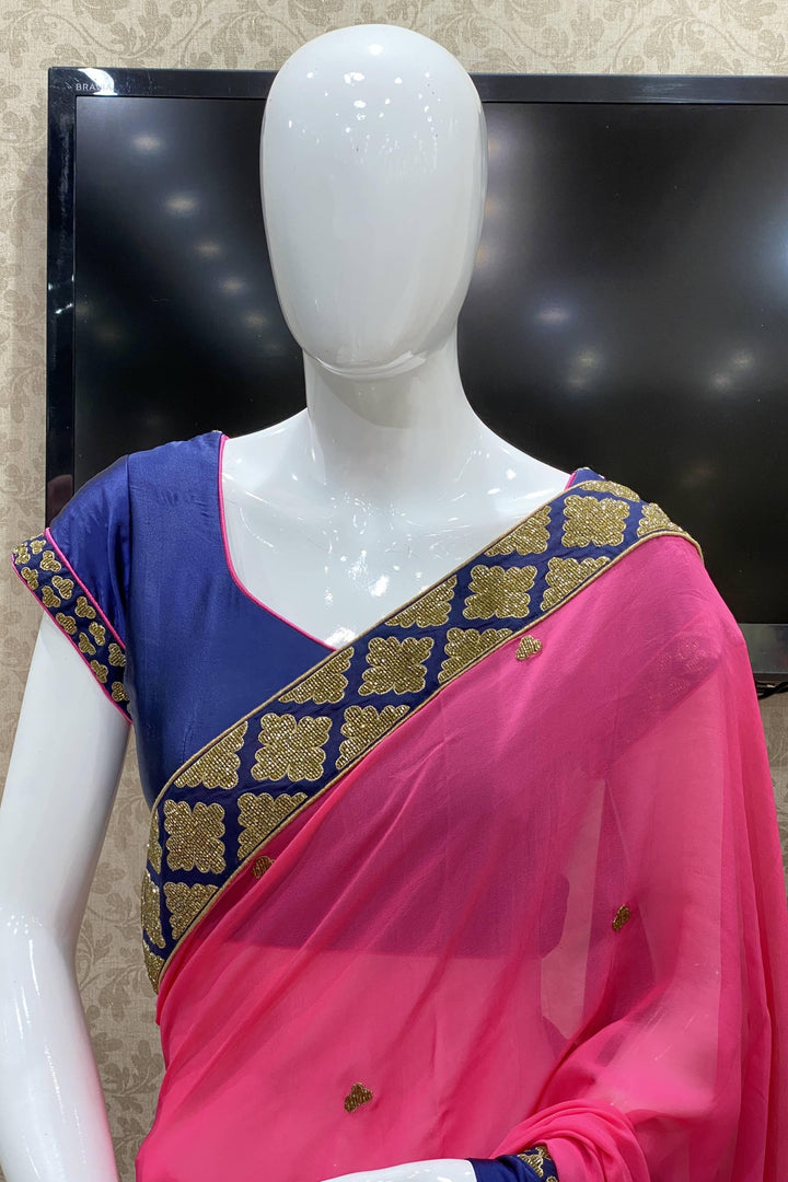 Pink with Navy Blue Stone work Georgette Saree with Readymade Blouse - 4