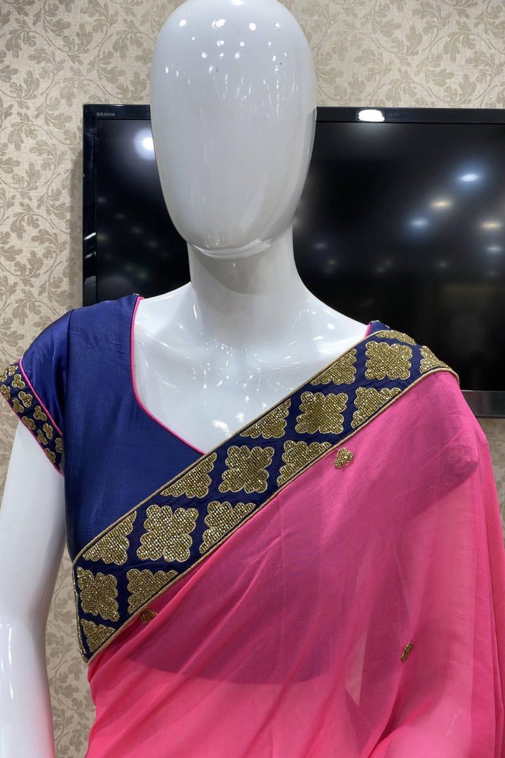Pink with Navy Blue Stone work Georgette Saree with Readymade Blouse - 2